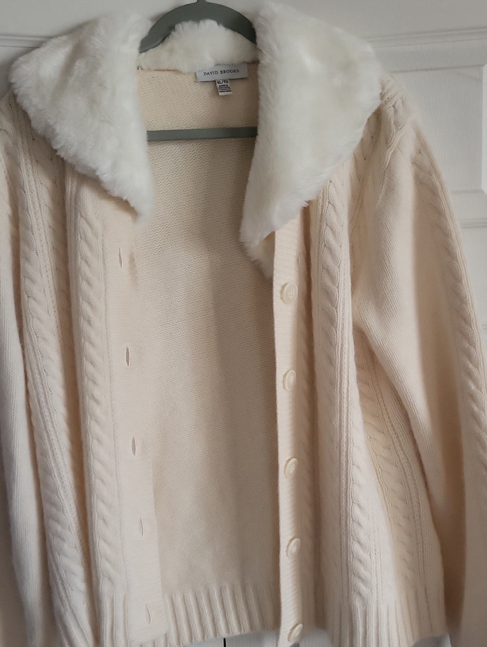david brooks Cream Cable Knit Cardigan with Faux Fur Collar